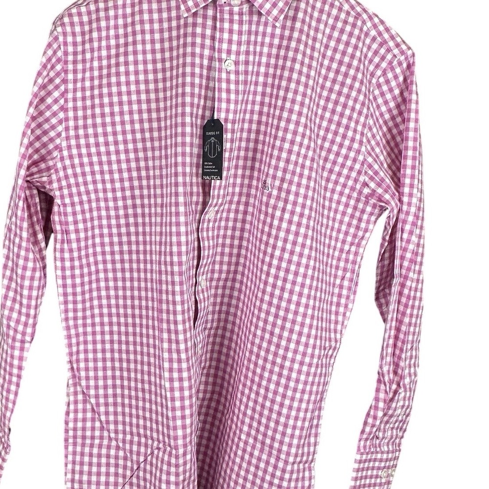 Nautica Mens Classic Fit Gingham Button Down Shirt Purple White 15 32/33 NWT